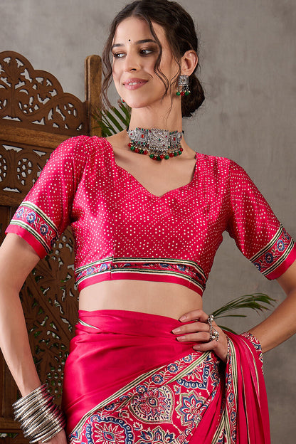 Magnetic Dark Pink Ajrakh Printed Semi Modal Silk Saree With Classy Blouse Piece