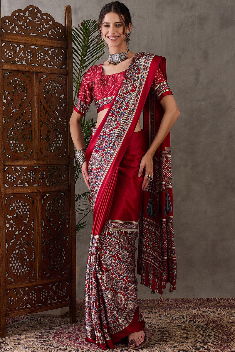 Enchanting Maroon Ajrakh Printed Semi Modal Silk Saree With Lassitude Blouse Piece