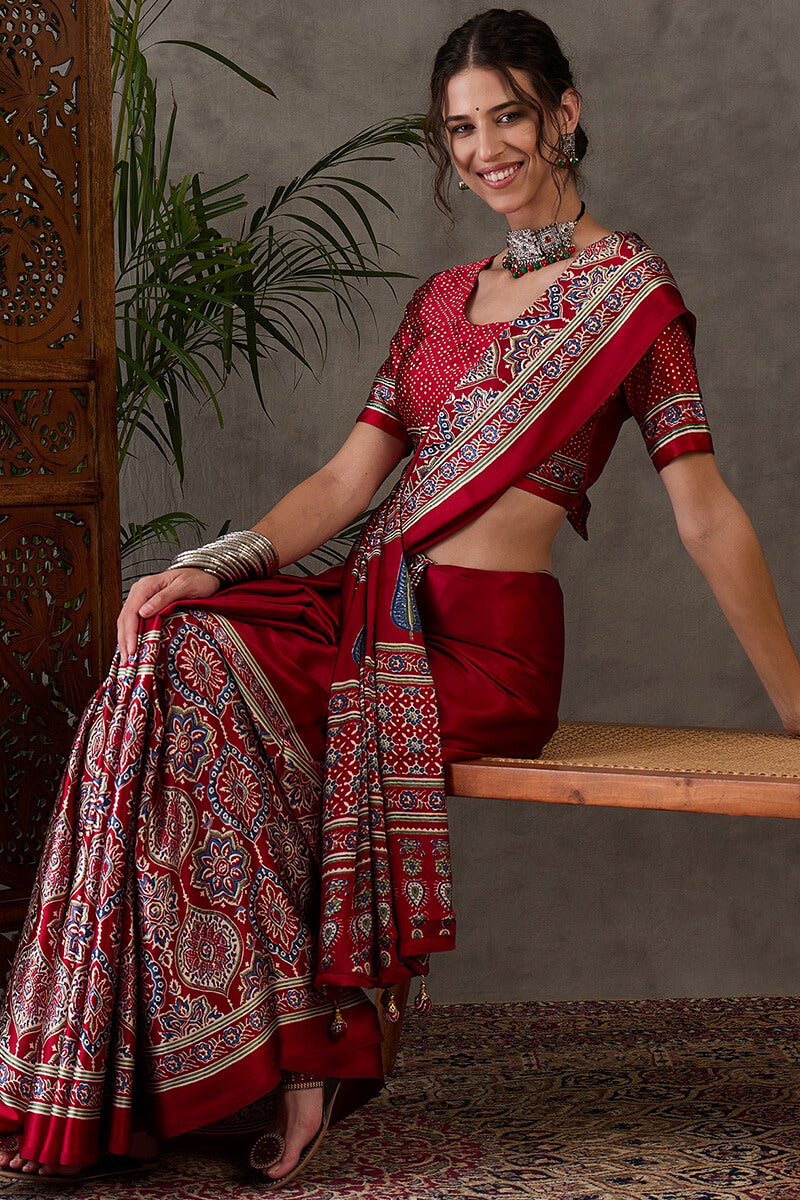 Enchanting Maroon Ajrakh Printed Semi Modal Silk Saree With Lassitude Blouse Piece