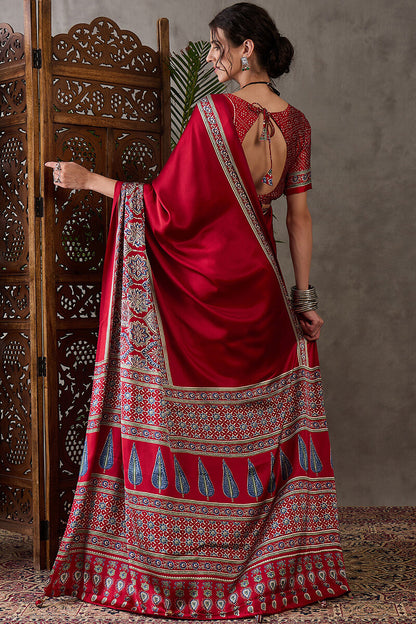 Enchanting Maroon Ajrakh Printed Semi Modal Silk Saree With Lassitude Blouse Piece