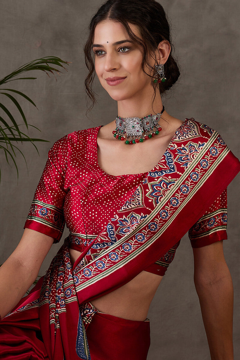 Enchanting Maroon Ajrakh Printed Semi Modal Silk Saree With Lassitude Blouse Piece