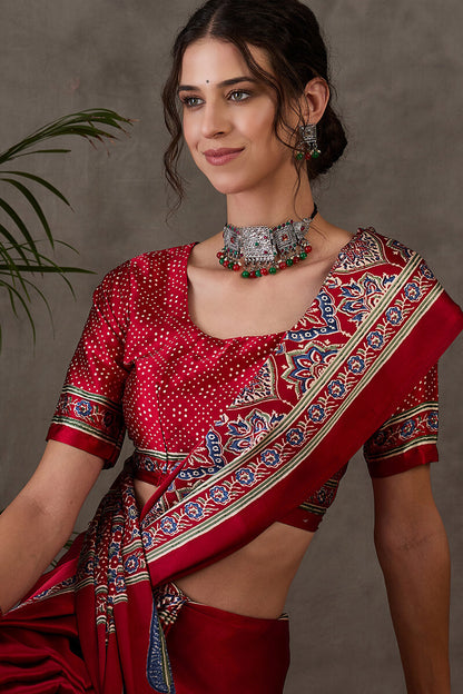 Enchanting Maroon Ajrakh Printed Semi Modal Silk Saree With Lassitude Blouse Piece