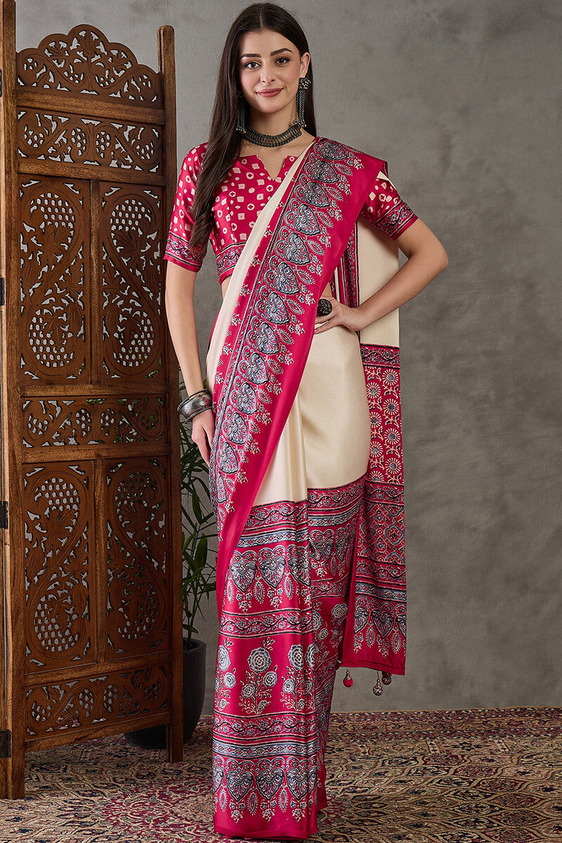 Inimitable Off White Ajrakh Printed Semi Modal Silk Saree With Assemblage Blouse Piece