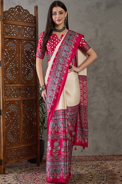 Inimitable Off White Ajrakh Printed Semi Modal Silk Saree With Assemblage Blouse Piece