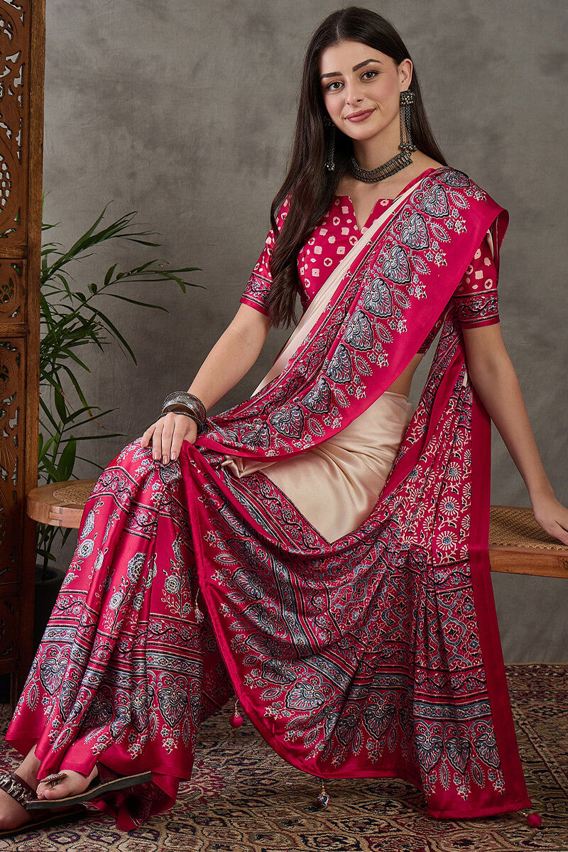 Inimitable Off White Ajrakh Printed Semi Modal Silk Saree With Assemblage Blouse Piece