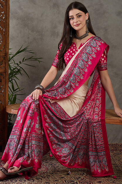 Inimitable Off White Ajrakh Printed Semi Modal Silk Saree With Assemblage Blouse Piece