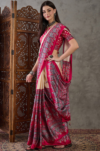 Inimitable Off White Ajrakh Printed Semi Modal Silk Saree With Assemblage Blouse Piece