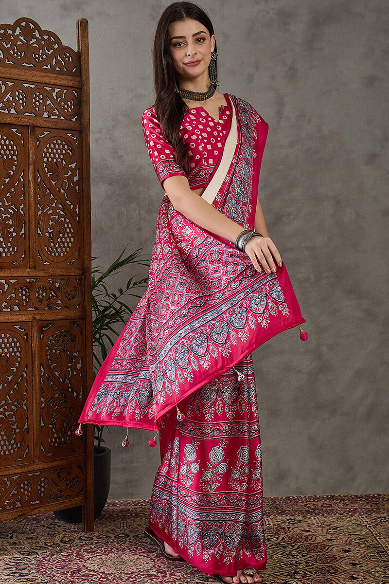 Inimitable Off White Ajrakh Printed Semi Modal Silk Saree With Assemblage Blouse Piece