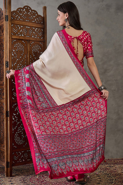 Inimitable Off White Ajrakh Printed Semi Modal Silk Saree With Assemblage Blouse Piece