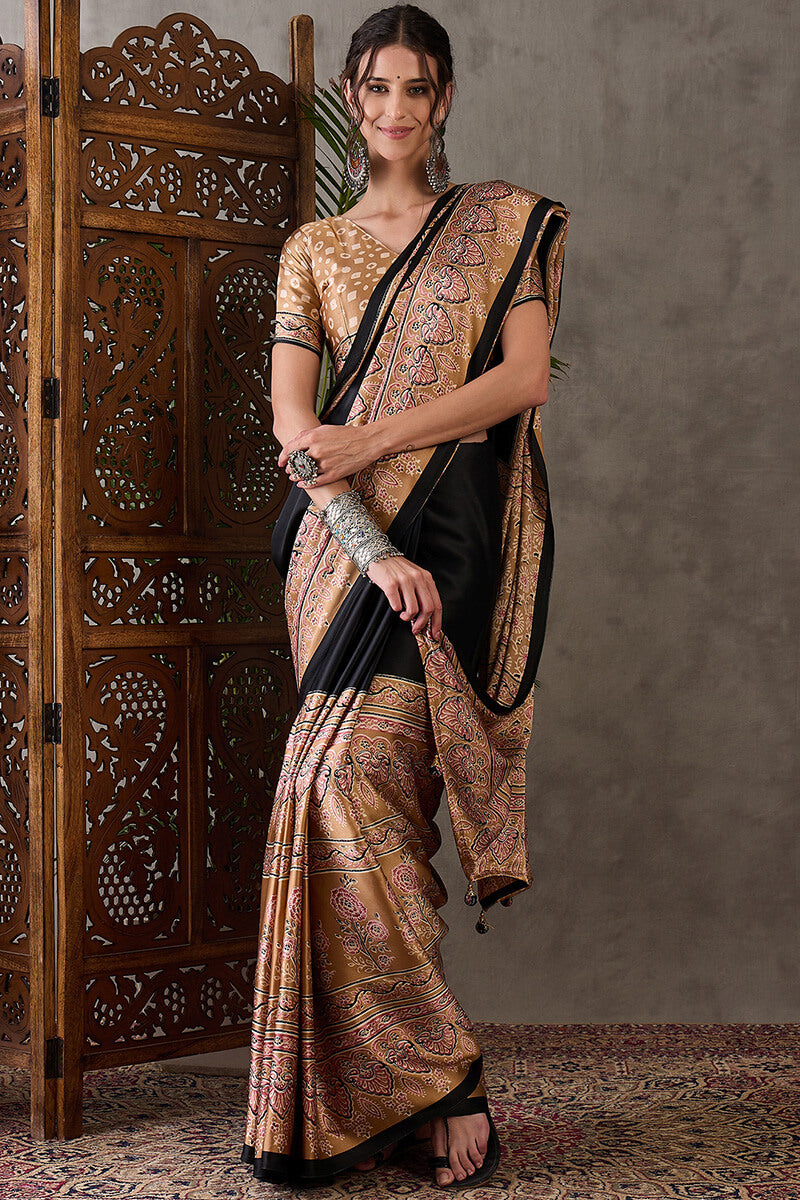 Scintilla Black Ajrakh Printed Semi Modal Silk Saree With Splendiferous Blouse Piece