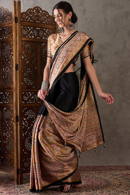 Scintilla Black Ajrakh Printed Semi Modal Silk Saree With Splendiferous Blouse Piece
