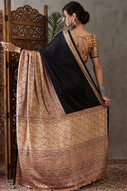 Scintilla Black Ajrakh Printed Semi Modal Silk Saree With Splendiferous Blouse Piece