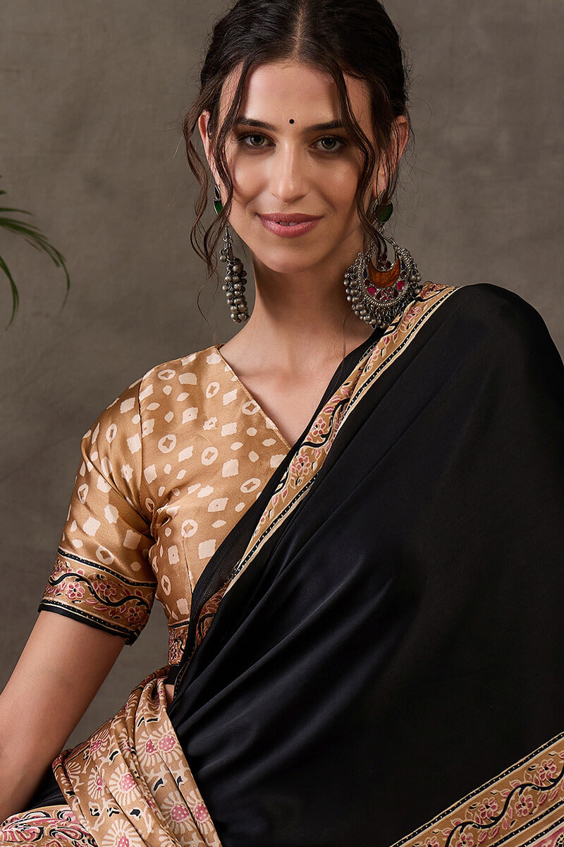 Scintilla Black Ajrakh Printed Semi Modal Silk Saree With Splendiferous Blouse Piece