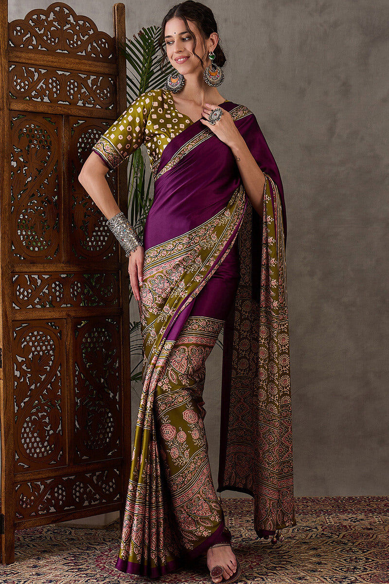 Supernal Purple Ajrakh Printed Semi Modal Silk Saree With Resplendent Blouse Piece