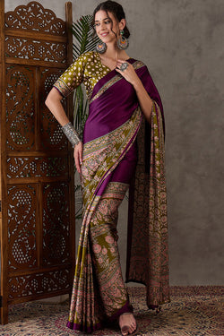 Supernal Purple Ajrakh Printed Semi Modal Silk Saree With Resplendent Blouse Piece