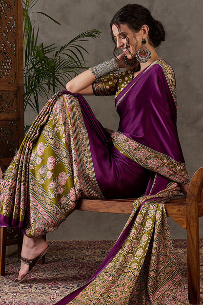 Supernal Purple Ajrakh Printed Semi Modal Silk Saree With Resplendent Blouse Piece