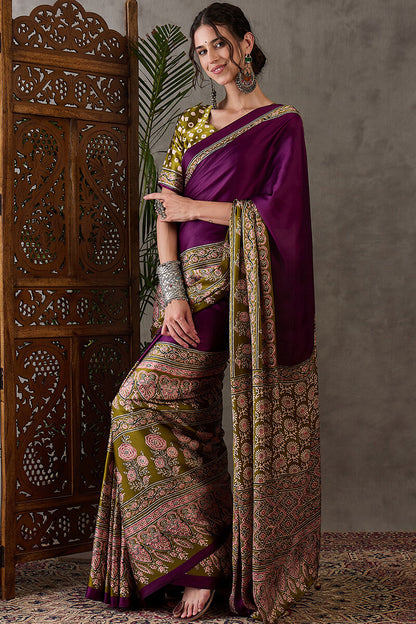Supernal Purple Ajrakh Printed Semi Modal Silk Saree With Resplendent Blouse Piece