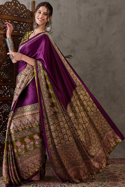 Supernal Purple Ajrakh Printed Semi Modal Silk Saree With Resplendent Blouse Piece