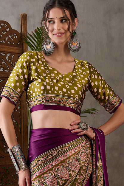Supernal Purple Ajrakh Printed Semi Modal Silk Saree With Resplendent Blouse Piece