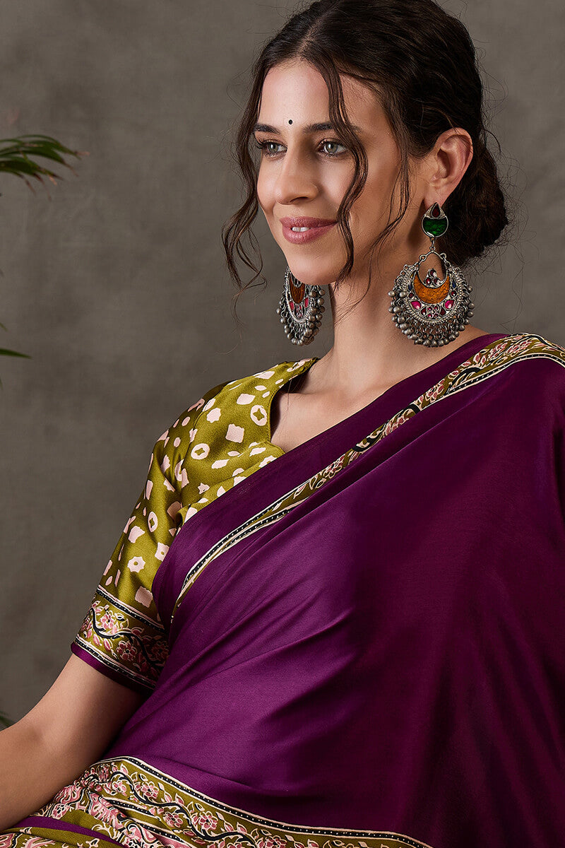 Supernal Purple Ajrakh Printed Semi Modal Silk Saree With Resplendent Blouse Piece