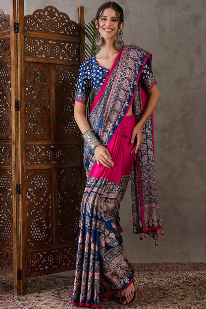Murmurous Dark Pink Ajrakh Printed Semi Modal Silk Saree With Ephemeral Blouse Piece