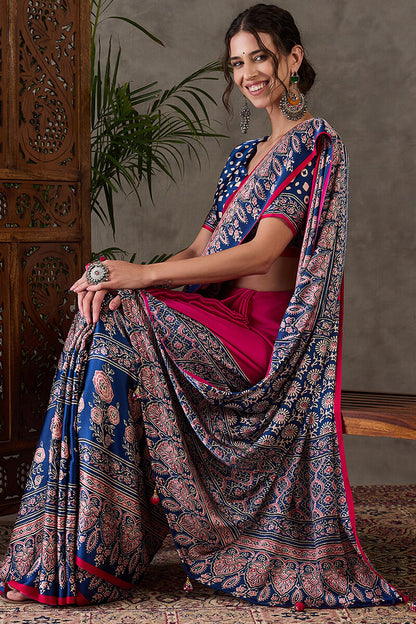 Murmurous Dark Pink Ajrakh Printed Semi Modal Silk Saree With Ephemeral Blouse Piece