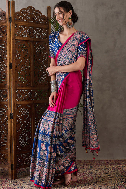 Murmurous Dark Pink Ajrakh Printed Semi Modal Silk Saree With Ephemeral Blouse Piece