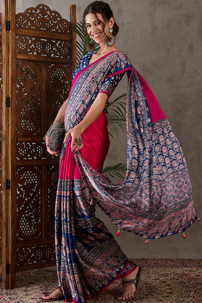 Murmurous Dark Pink Ajrakh Printed Semi Modal Silk Saree With Ephemeral Blouse Piece