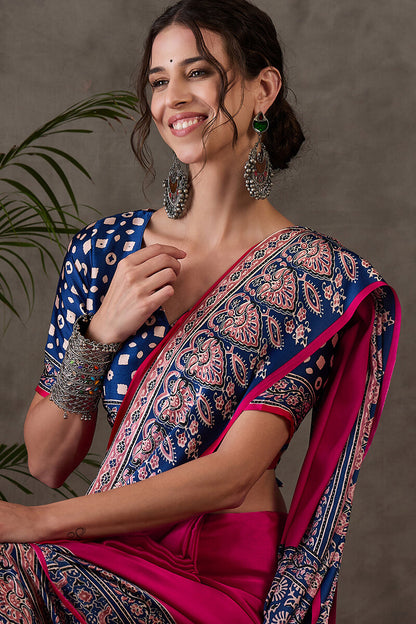 Murmurous Dark Pink Ajrakh Printed Semi Modal Silk Saree With Ephemeral Blouse Piece