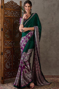 Sizzling Dark Green Ajrakh Printed Semi Modal Silk Saree With Glowing Blouse Piece