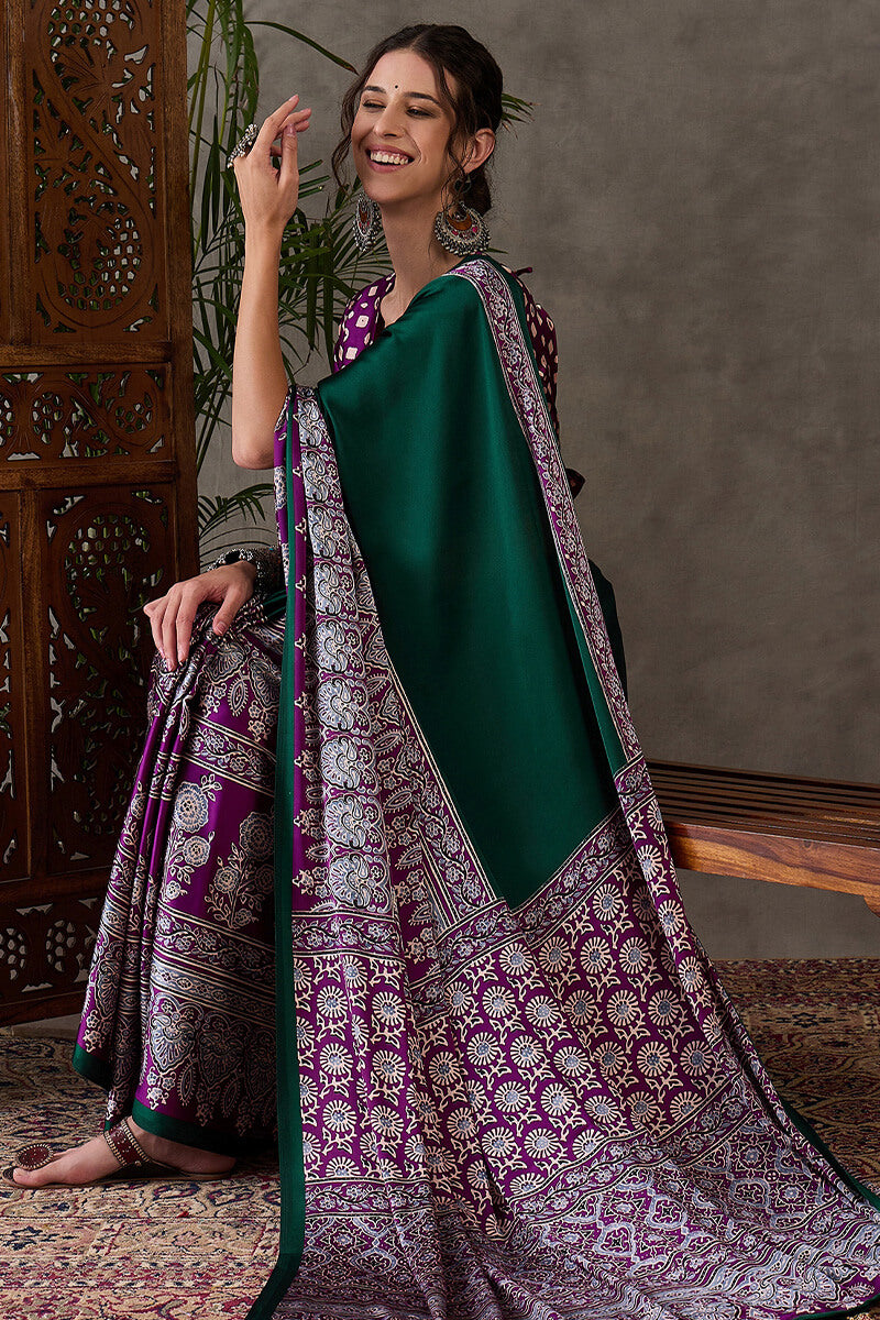 Sizzling Dark Green Ajrakh Printed Semi Modal Silk Saree With Glowing Blouse Piece