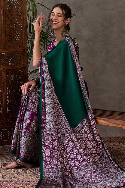 Sizzling Dark Green Ajrakh Printed Semi Modal Silk Saree With Glowing Blouse Piece
