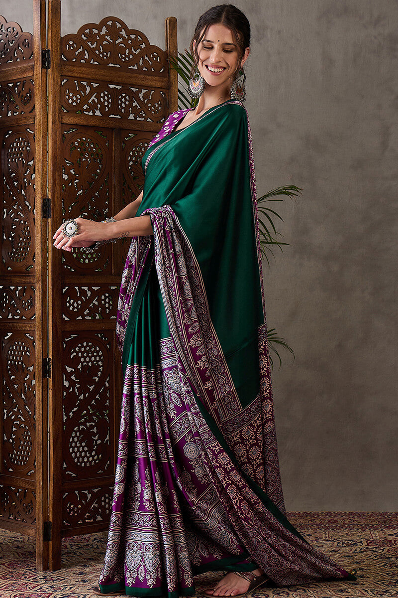 Sizzling Dark Green Ajrakh Printed Semi Modal Silk Saree With Glowing Blouse Piece