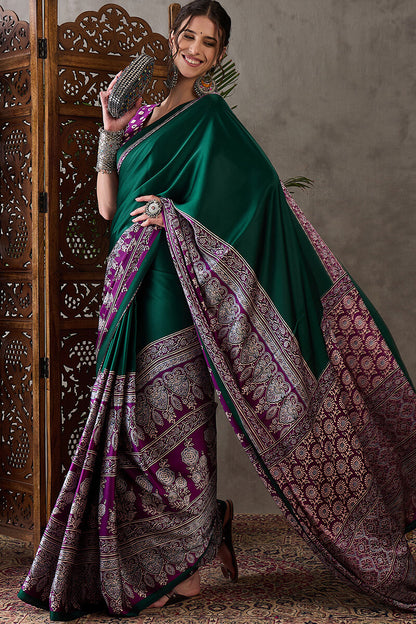 Sizzling Dark Green Ajrakh Printed Semi Modal Silk Saree With Glowing Blouse Piece