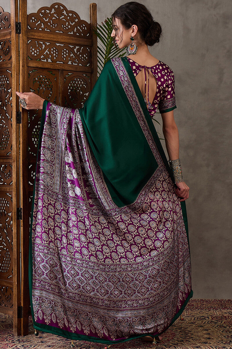 Sizzling Dark Green Ajrakh Printed Semi Modal Silk Saree With Glowing Blouse Piece