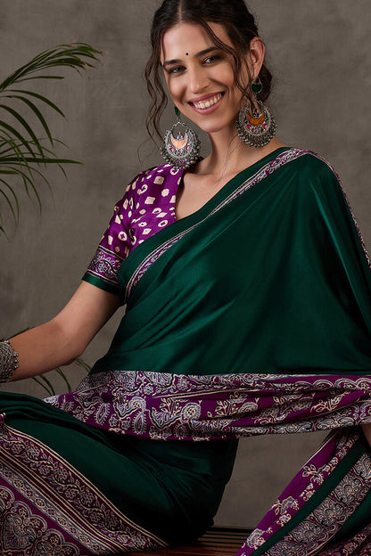 Sizzling Dark Green Ajrakh Printed Semi Modal Silk Saree With Glowing Blouse Piece