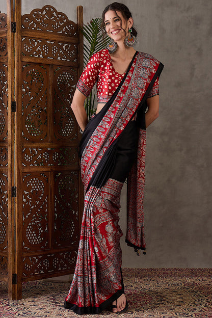 Ravishing Black Ajrakh Printed Semi Modal Silk Saree With Excellent Blouse Piece