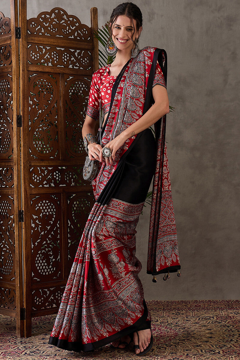 Ravishing Black Ajrakh Printed Semi Modal Silk Saree With Excellent Blouse Piece