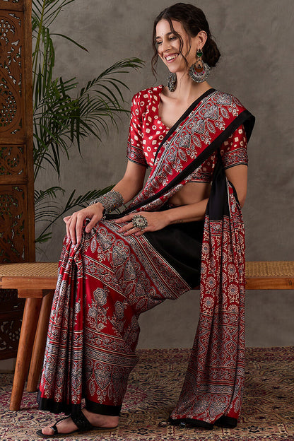 Ravishing Black Ajrakh Printed Semi Modal Silk Saree With Excellent Blouse Piece
