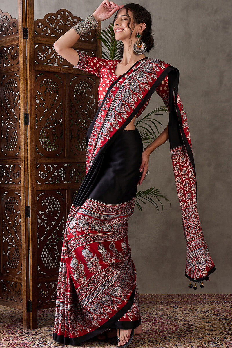 Ravishing Black Ajrakh Printed Semi Modal Silk Saree With Excellent Blouse Piece