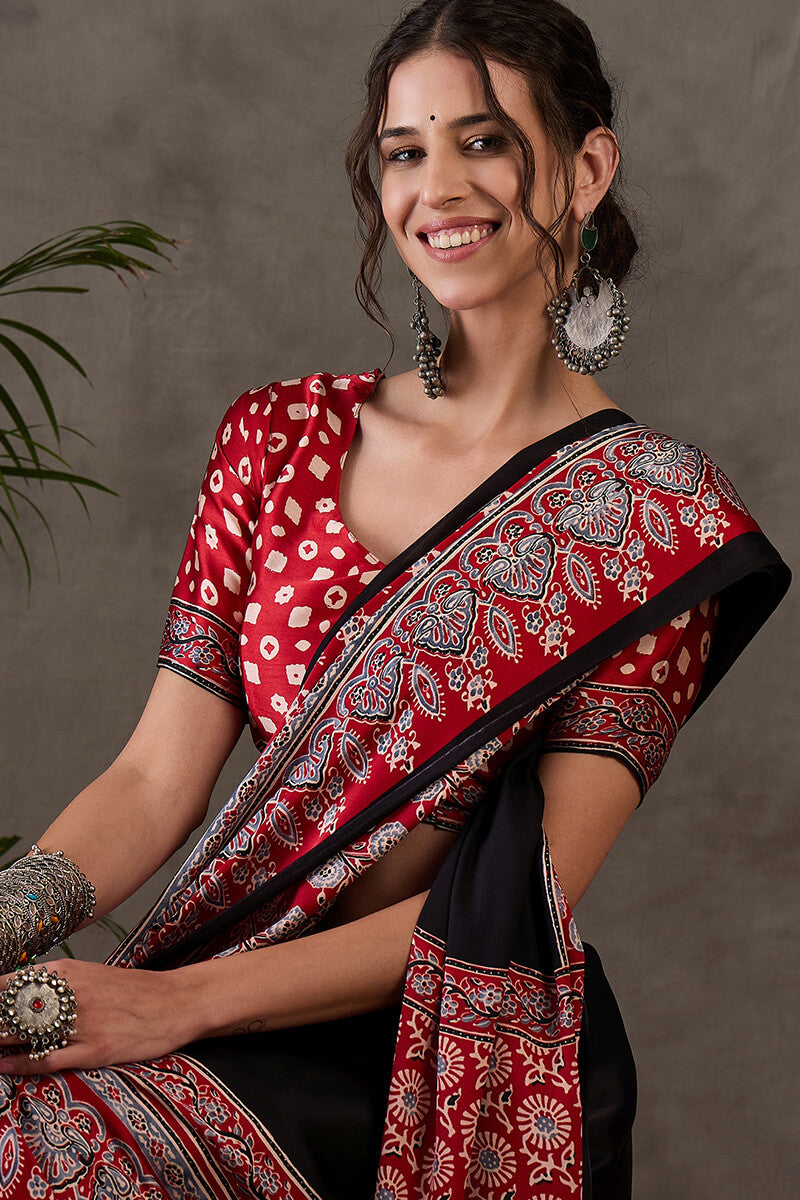 Ravishing Black Ajrakh Printed Semi Modal Silk Saree With Excellent Blouse Piece