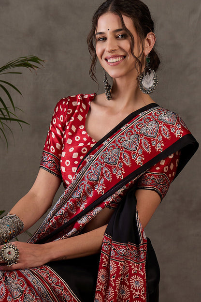 Ravishing Black Ajrakh Printed Semi Modal Silk Saree With Excellent Blouse Piece