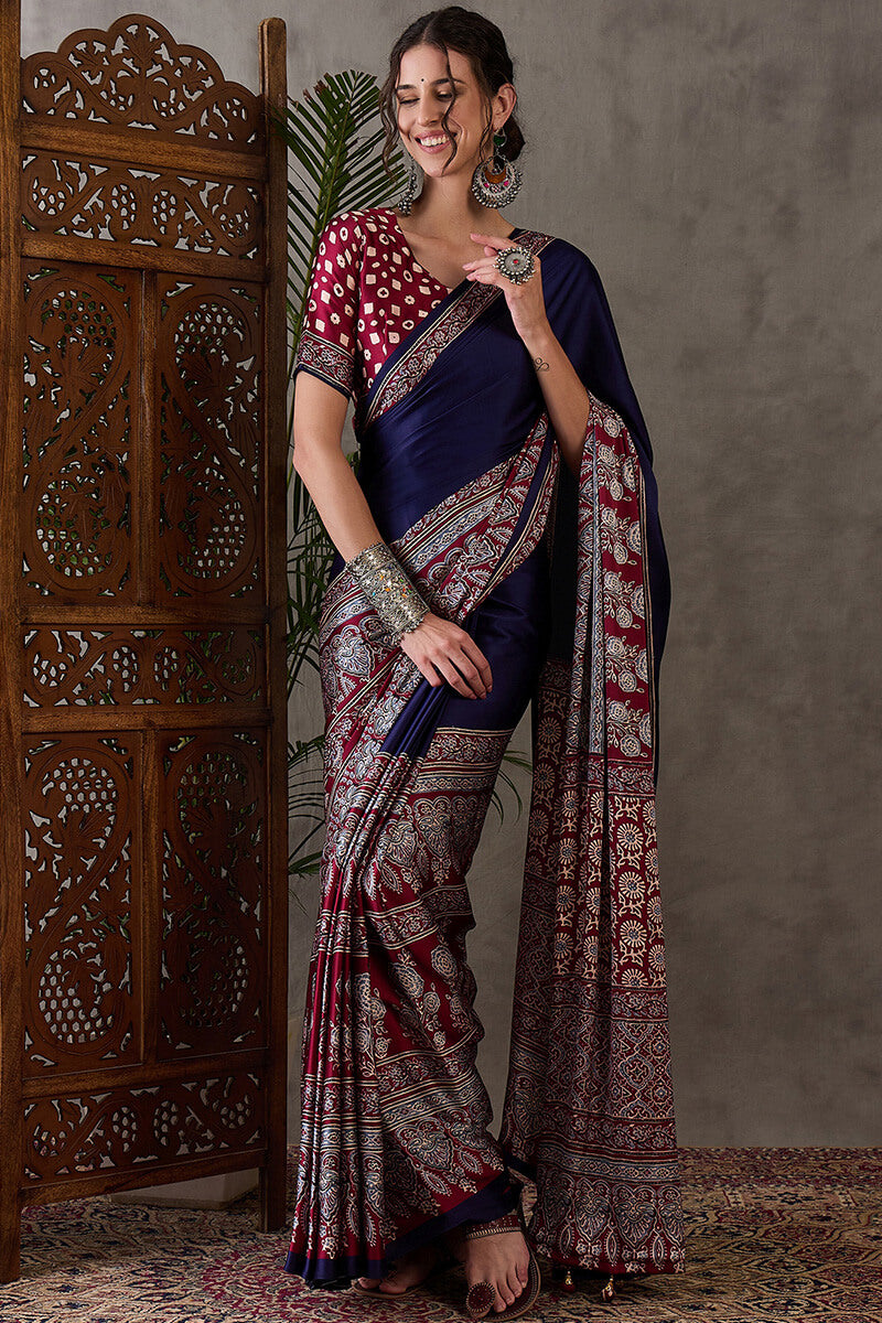 Exceptional Navy Blue Ajrakh Printed Semi Modal Silk Saree With Flameboyant Blouse Piece