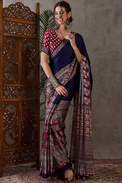 Exceptional Navy Blue Ajrakh Printed Semi Modal Silk Saree With Flameboyant Blouse Piece