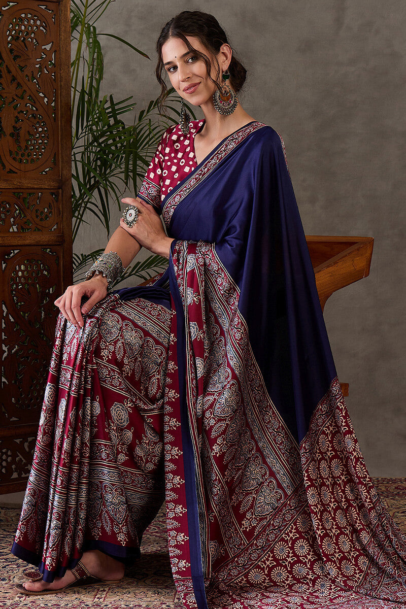Exceptional Navy Blue Ajrakh Printed Semi Modal Silk Saree With Flameboyant Blouse Piece
