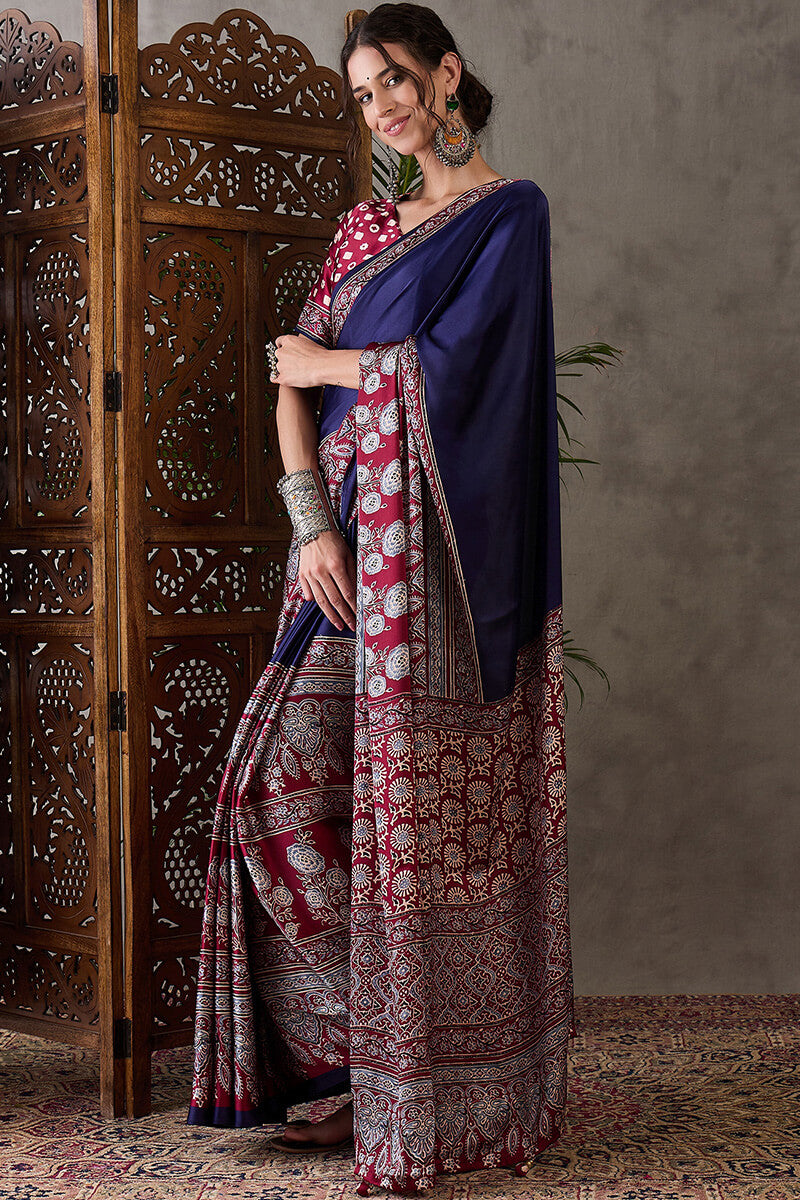 Exceptional Navy Blue Ajrakh Printed Semi Modal Silk Saree With Flameboyant Blouse Piece
