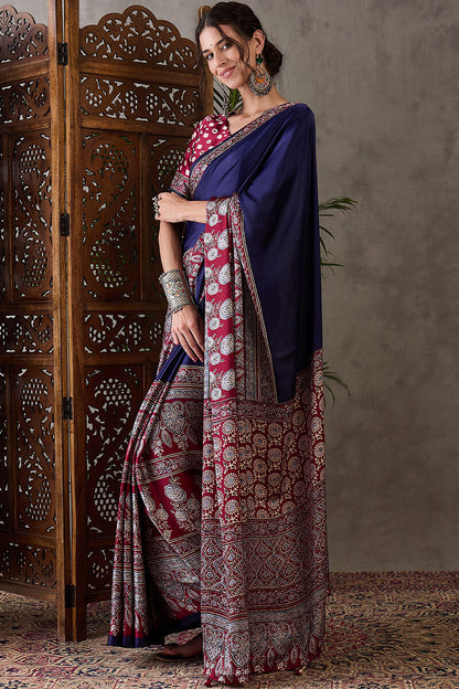 Exceptional Navy Blue Ajrakh Printed Semi Modal Silk Saree With Flameboyant Blouse Piece