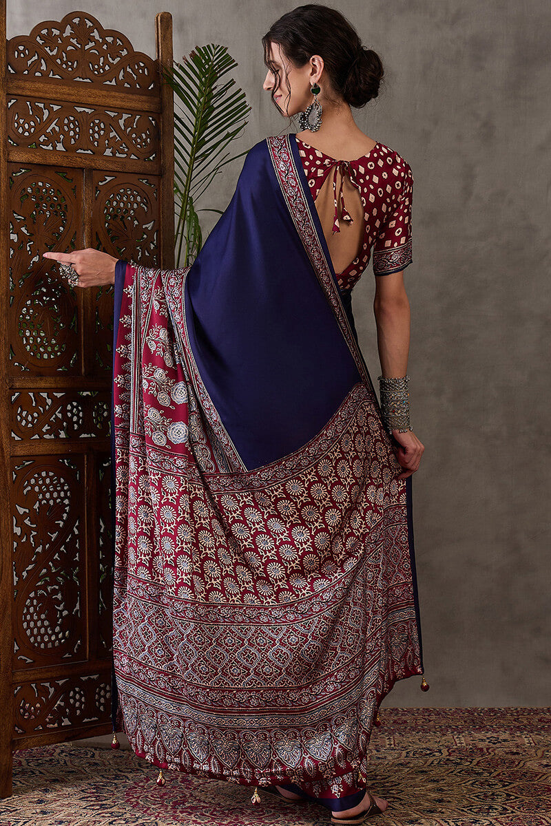 Exceptional Navy Blue Ajrakh Printed Semi Modal Silk Saree With Flameboyant Blouse Piece