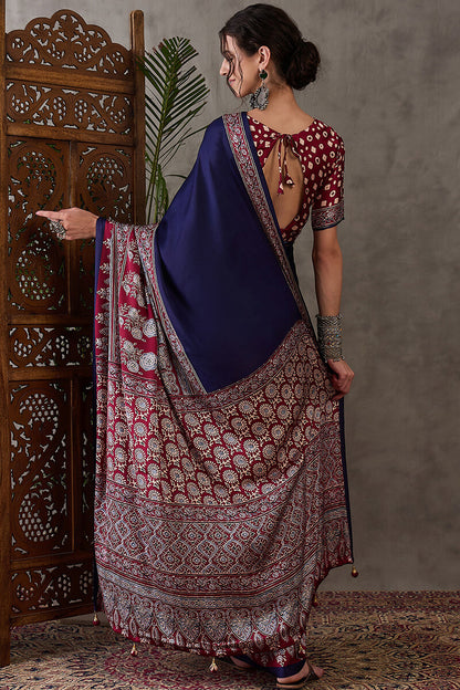 Exceptional Navy Blue Ajrakh Printed Semi Modal Silk Saree With Flameboyant Blouse Piece