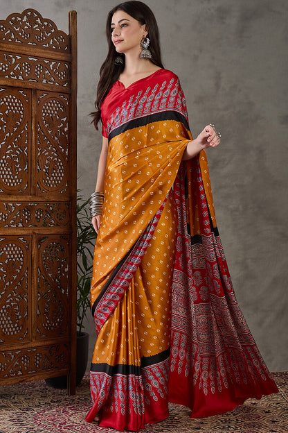 Exquisite Yellow Ajrakh Printed Semi Modal Silk Saree With Evocative Blouse Piece